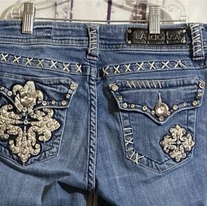 LA Idol Women’s Denim Jeans Embellished Size 11 33/33 Boot Cut Flare Leg